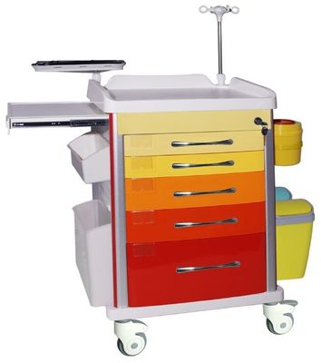Xe đẩy y tế 5 khóa ABS chứa thuốc đầy màu sắc có ngăn kéo